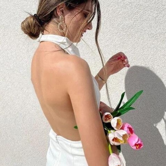 White Mini Dress Draped Front Backless Short Halter Neck - Picture 8 of 10